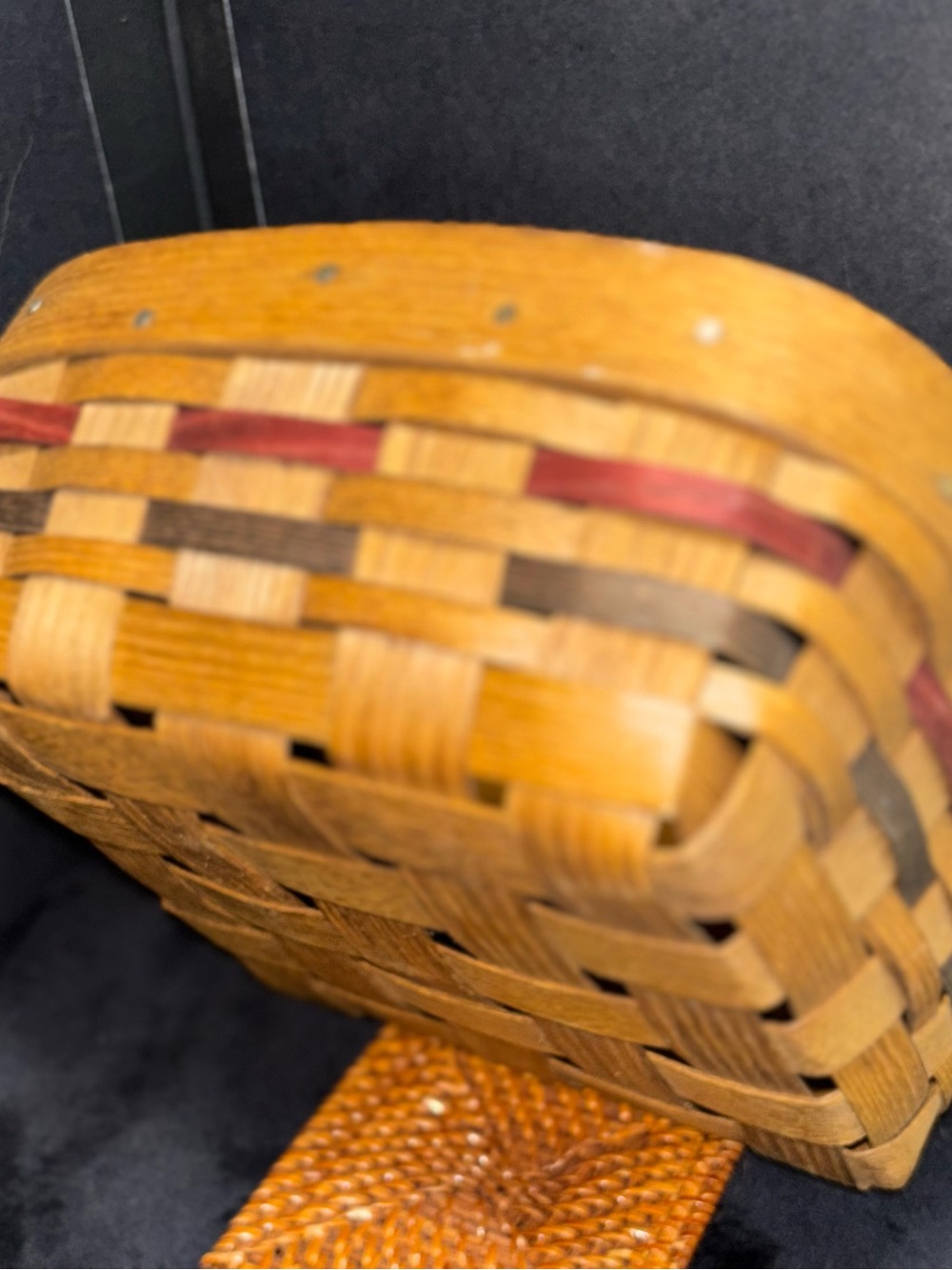 Handwoven Accent Basket in Honey Brown with Red and Green Accents